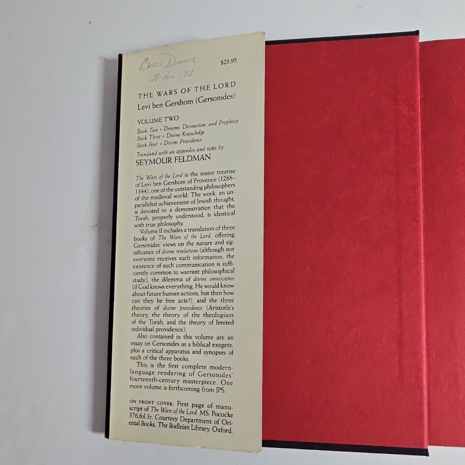 Levi ben Gershom The Wars of the Lord Vol. 2 Judaism Feldman Translation JPS