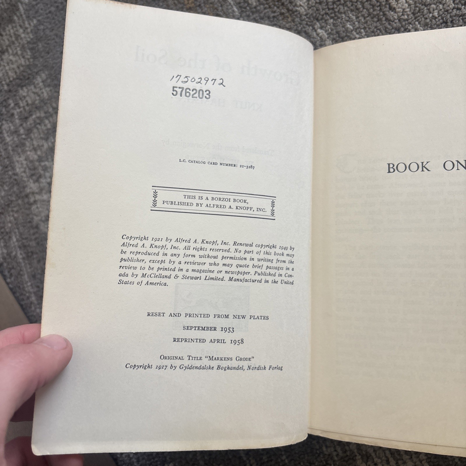 Growth of the Soil by Knut Hamsun Hardcover Fifth Printing Alfred A. Knopf 1958
