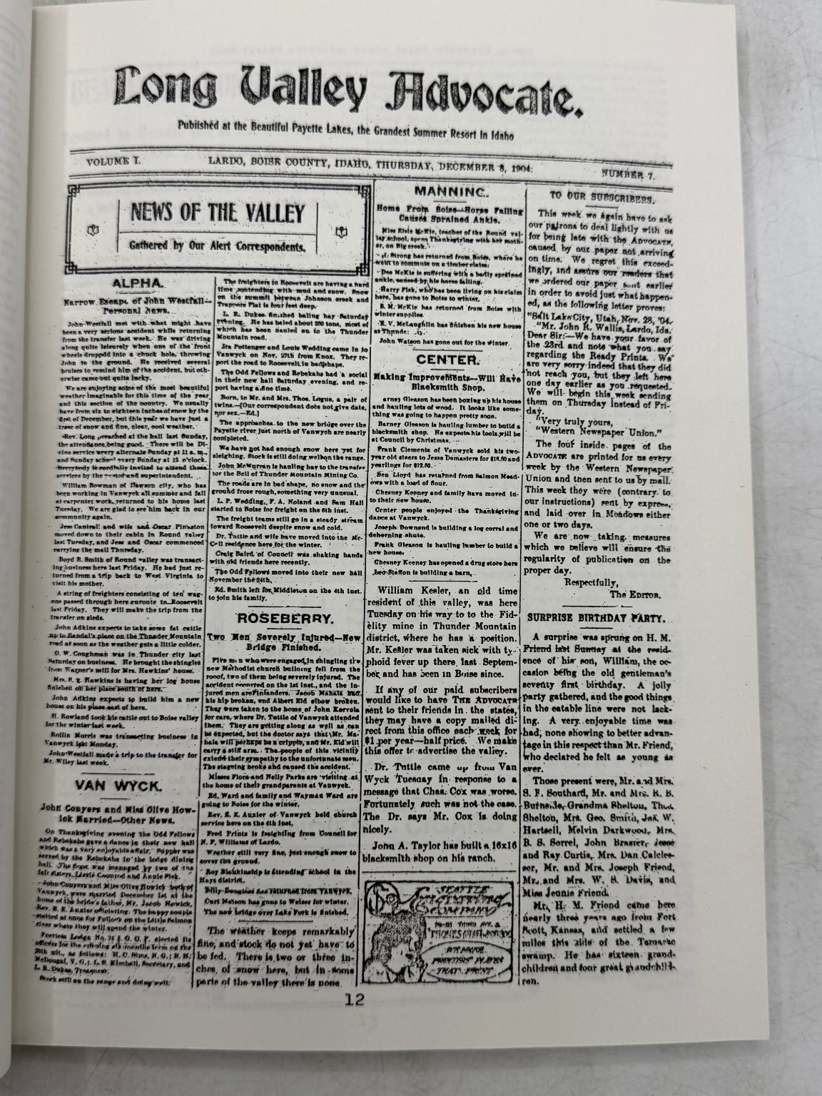 Long Valley Advocate Newspaper In Review 1904-1907 Idaho History Randall R