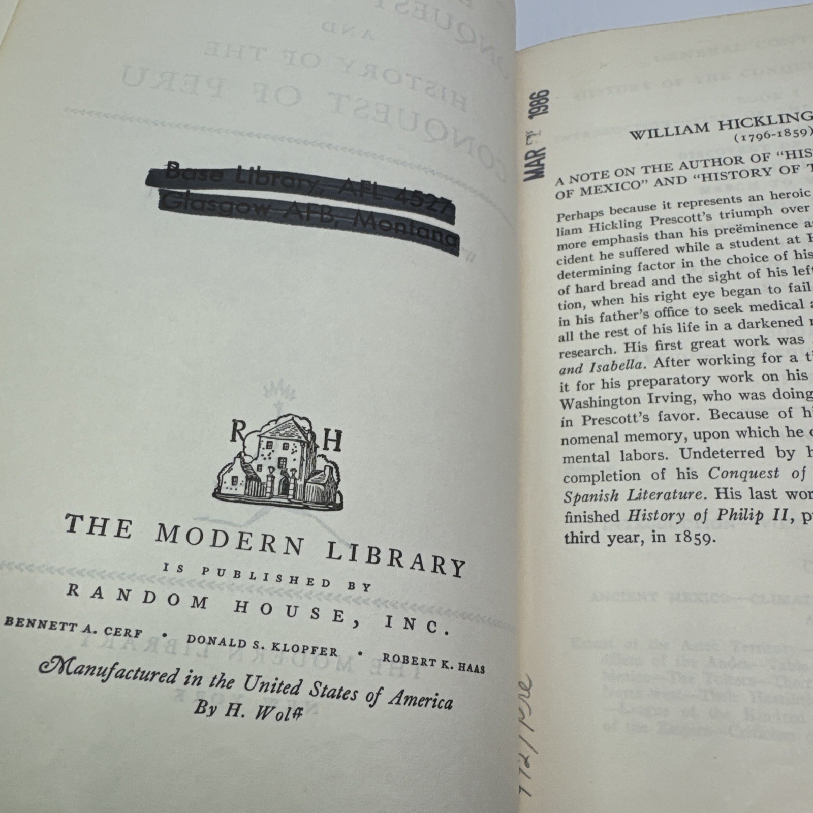 History of the Conquest of Mexico & Peru William H. Prescott HC Modern Library