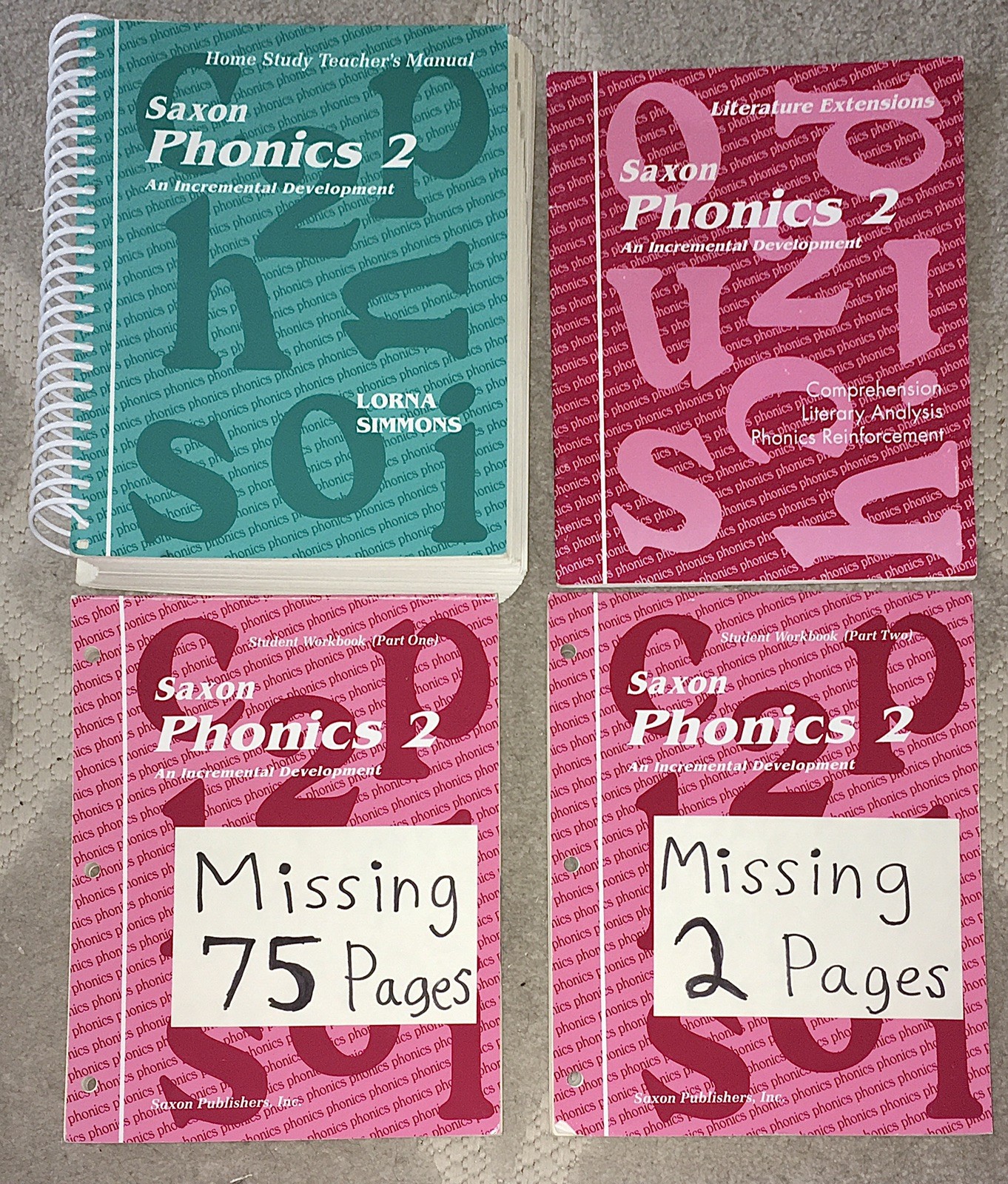 Saxon „Phonics 2“ Workbooks (Missing 77 Pages),Teacher’s Manual,Lit. Extensions