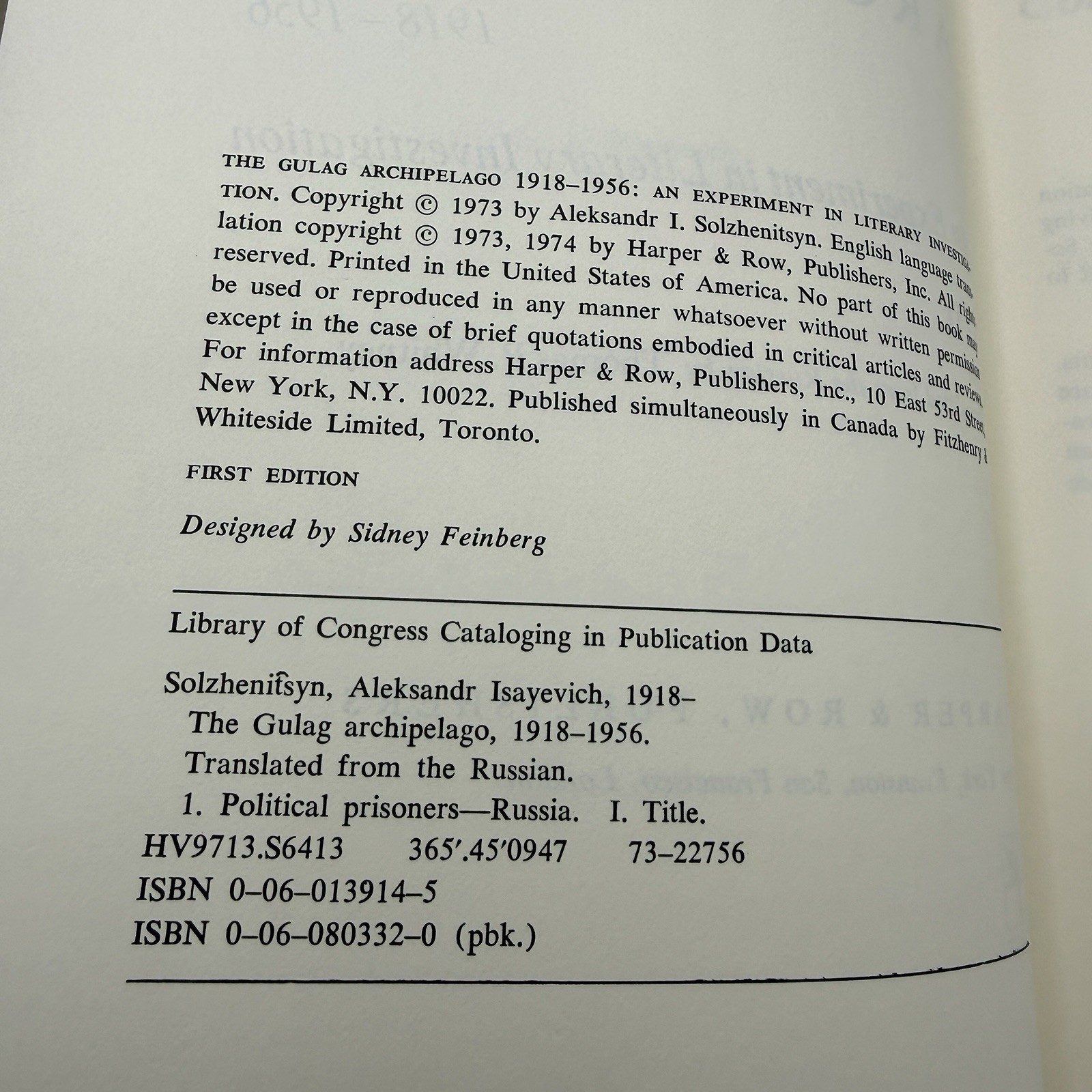Aleksandr Solzhenitsyn THE GULAG ARCHIPELAGO Harper & Row 1st edition HC/DJ 1974