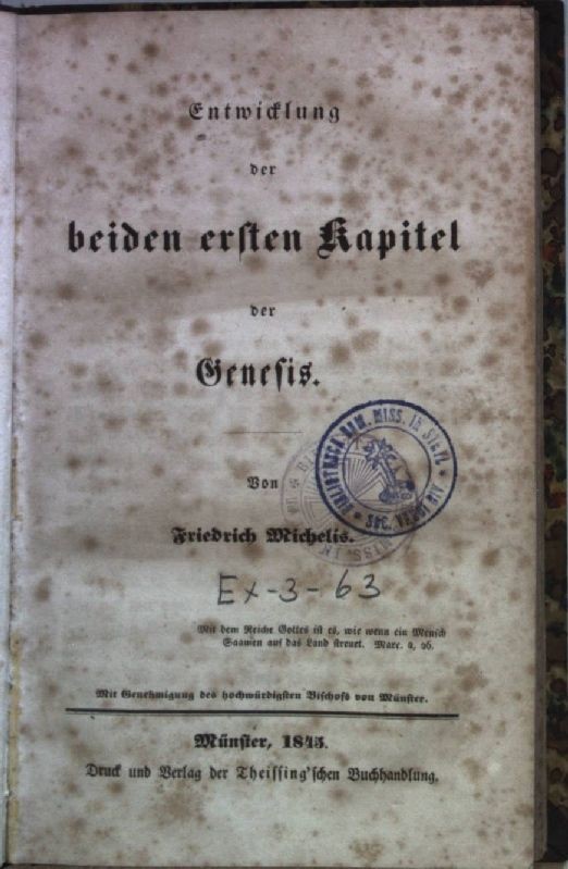 Entwicklung der beiden ersten Kapitel der Genesis. Michelis, Friedrich: