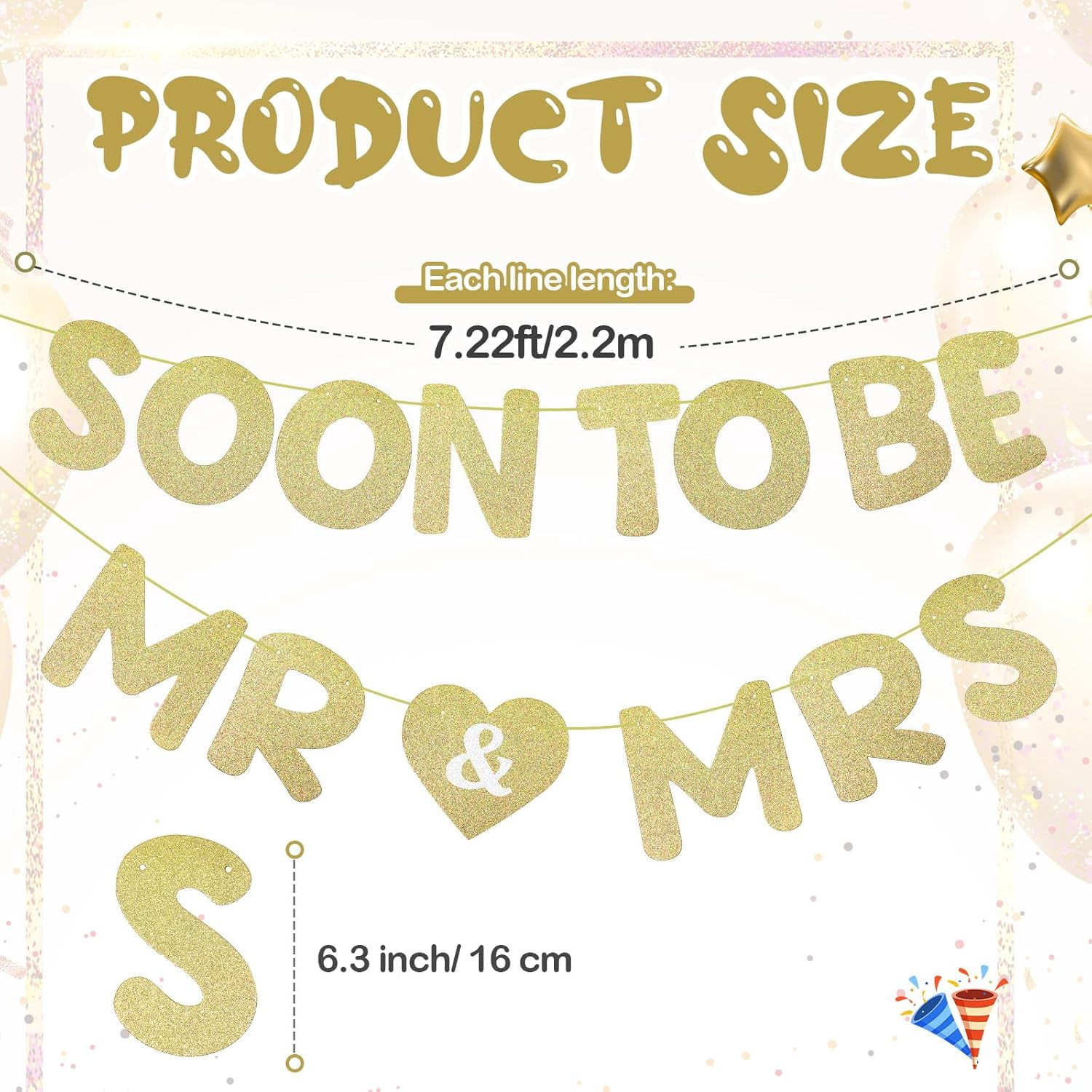 Soon to Be Mr & Mrs Banner for Bridal Shower Decorations Pre-Strung Gold Glitter