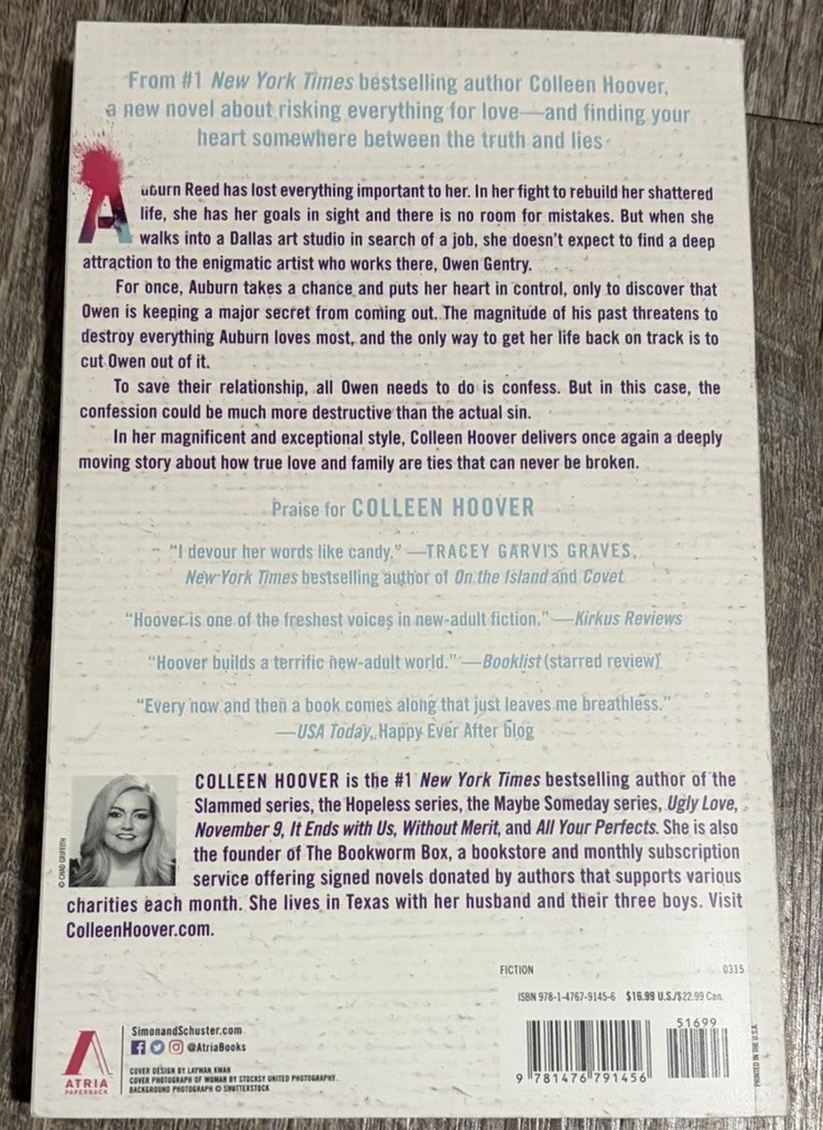 Colleen Hoover Confess: A Novel 2015 Trade Paperback, Atria Books Romance