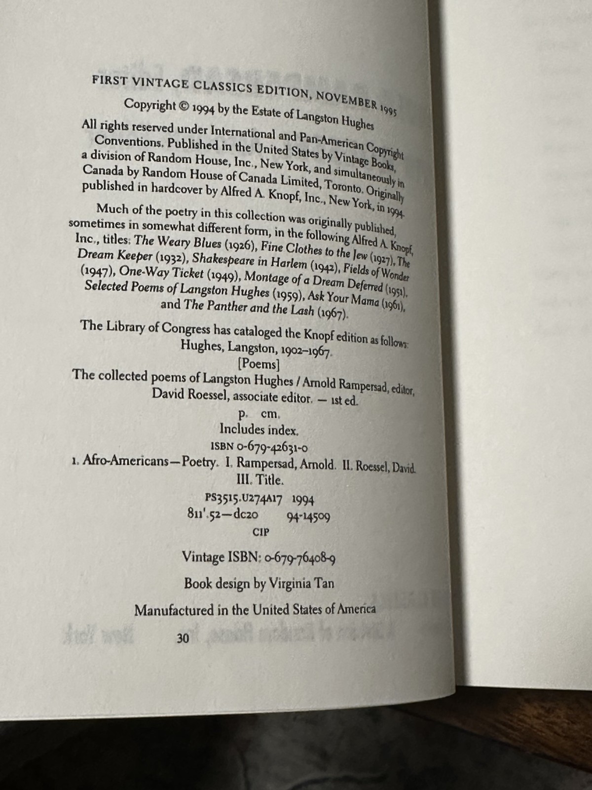 The Collected Poems of Langston Hughes (Vintage Classics, 1994) Hardcover