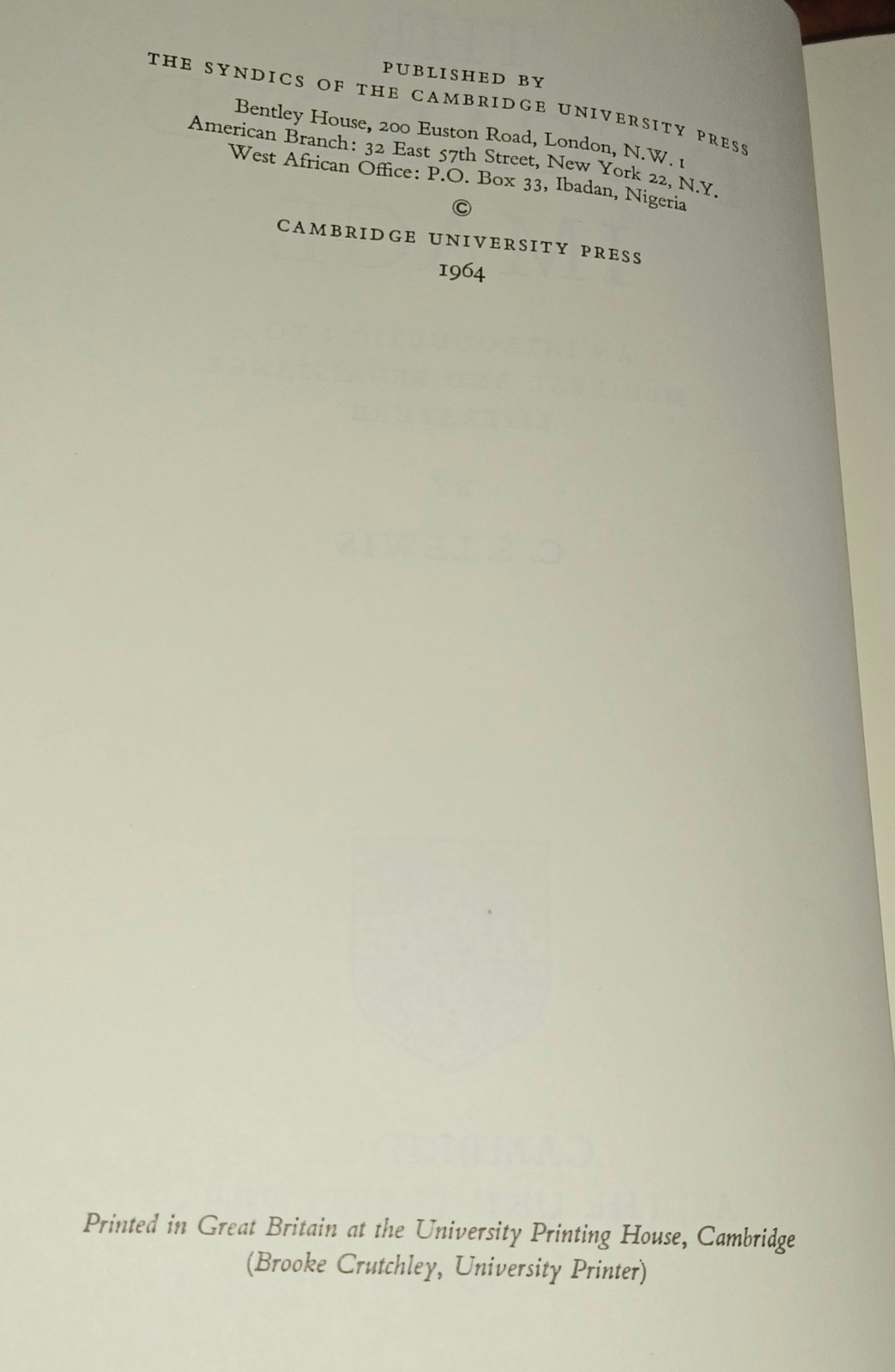 C. S. Lewis / The Discarded Image / 1964 1ST US PRINT HBDJ