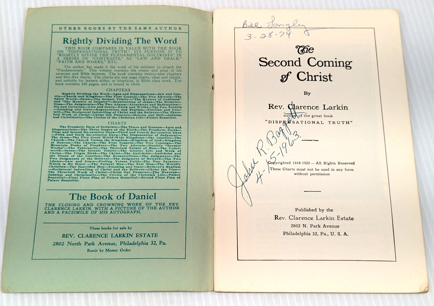 The Second Coming of Christ Booklet Rev Clarence Larkin 1922