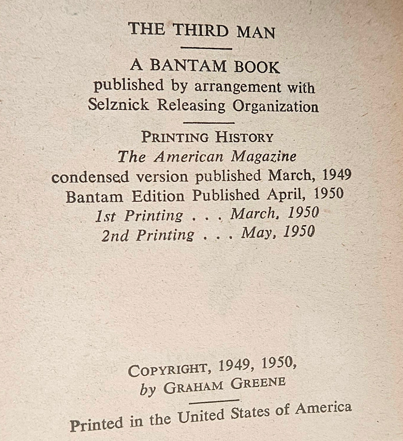 The 3rd Man by Graham Greene, 1st Bantam edition 1950 Orson Wells Movie Tie-In