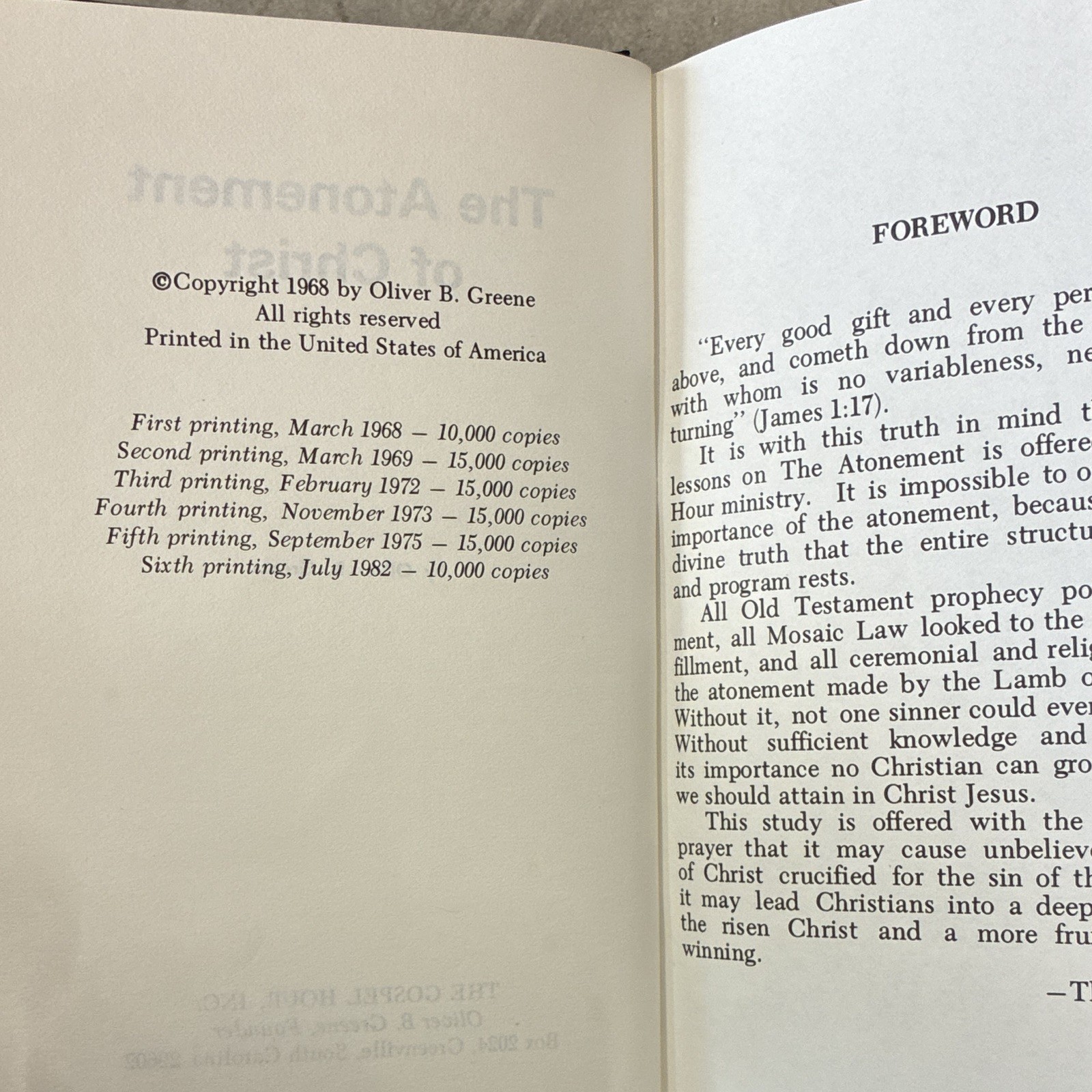 The Atonement of Christ Oliver B. Greene HC 1968 1st Printing Gospel Hour