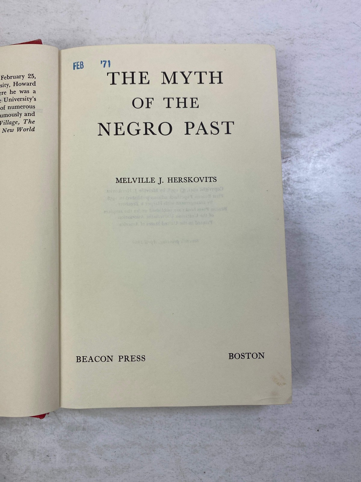 The Myth of the Negro Past Ex-library 1969 HC