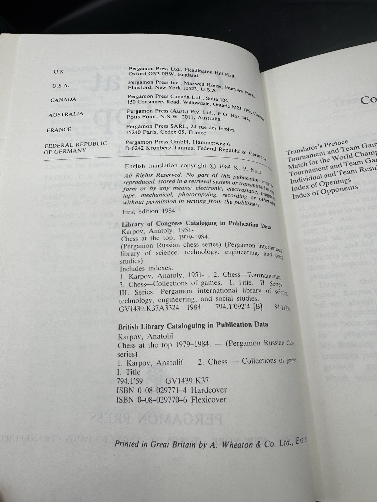Chess at the Top 1979-1984 by Anatoly Karpov (Pergamon Book)