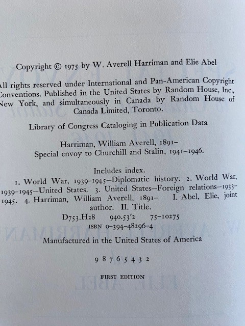 Special Envoy to Churchill and Stalin 1941-1946 Harriman, Abel 1st First HC DJ