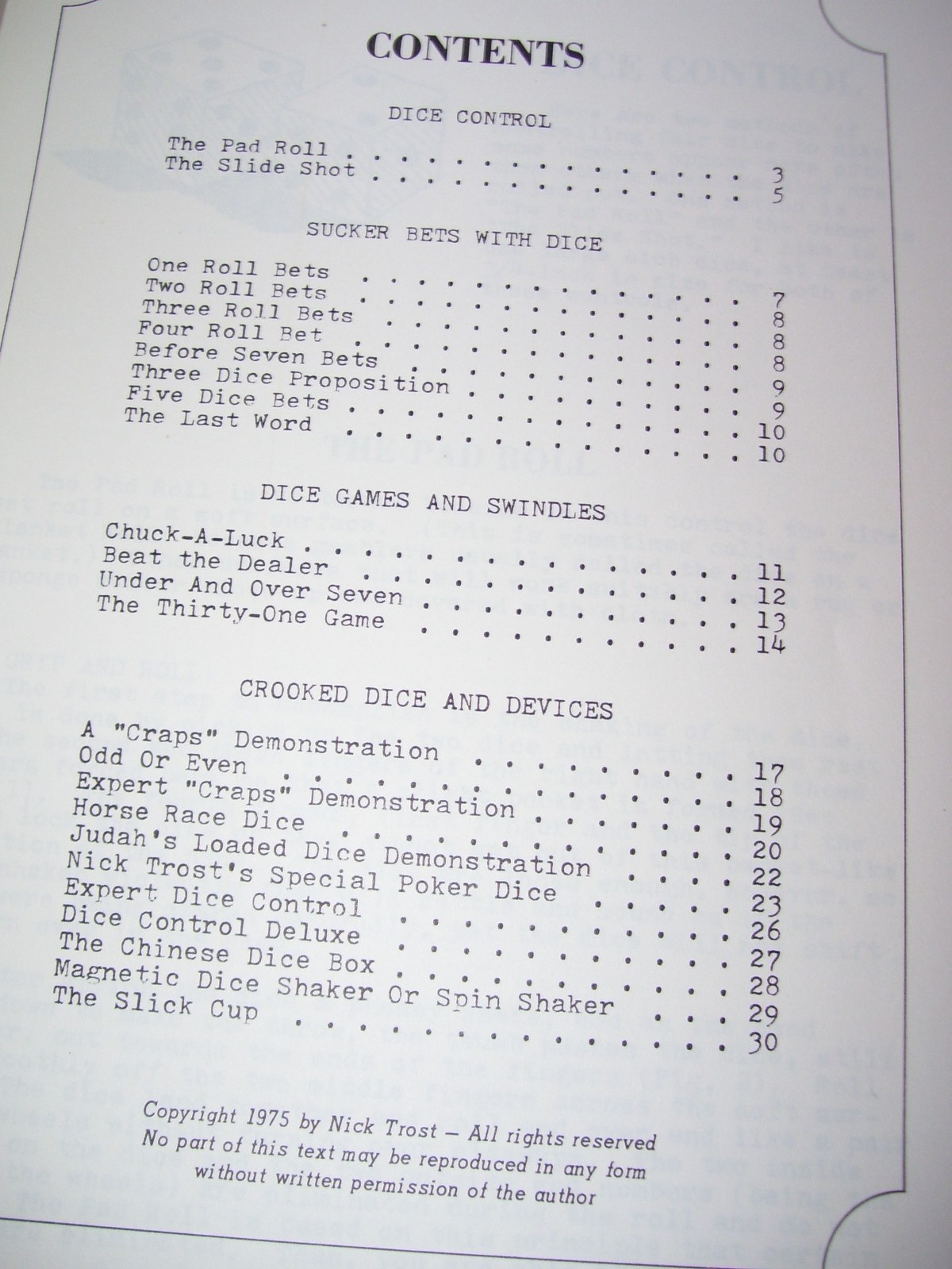Gambling Tricks with Dice Nick Trost Book 1975 30 pages Free Shipping