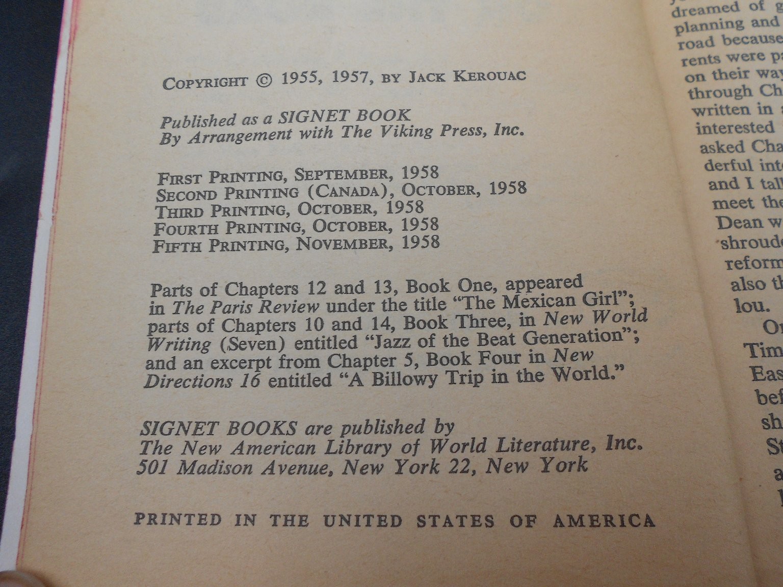 On the Road Jack Kerouac Paperback Novel 1958 5th Signet Printing Vintage