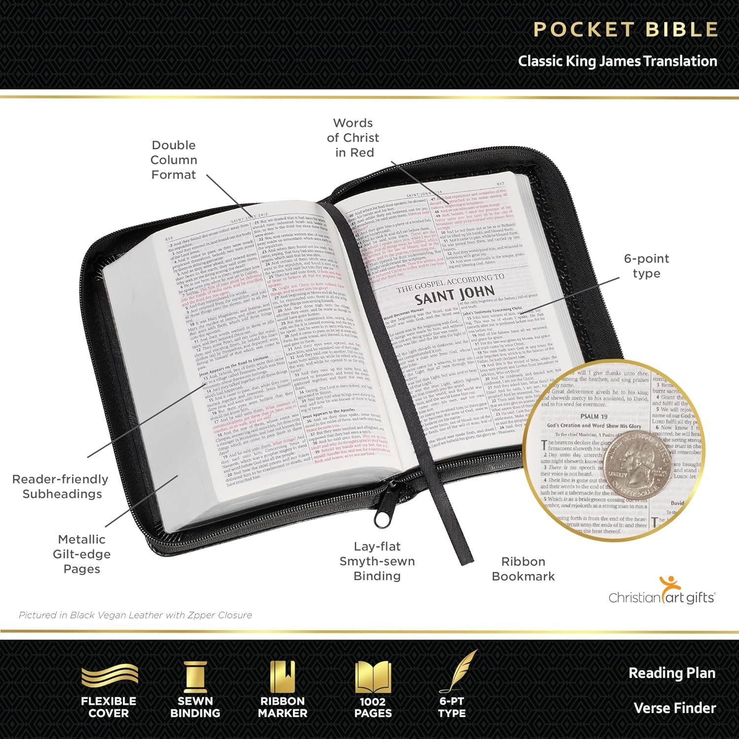 KJV Holy Bible,Mini Pocket Bible–Zippered Black Faux Leather Bible w/Ribbon Ma..