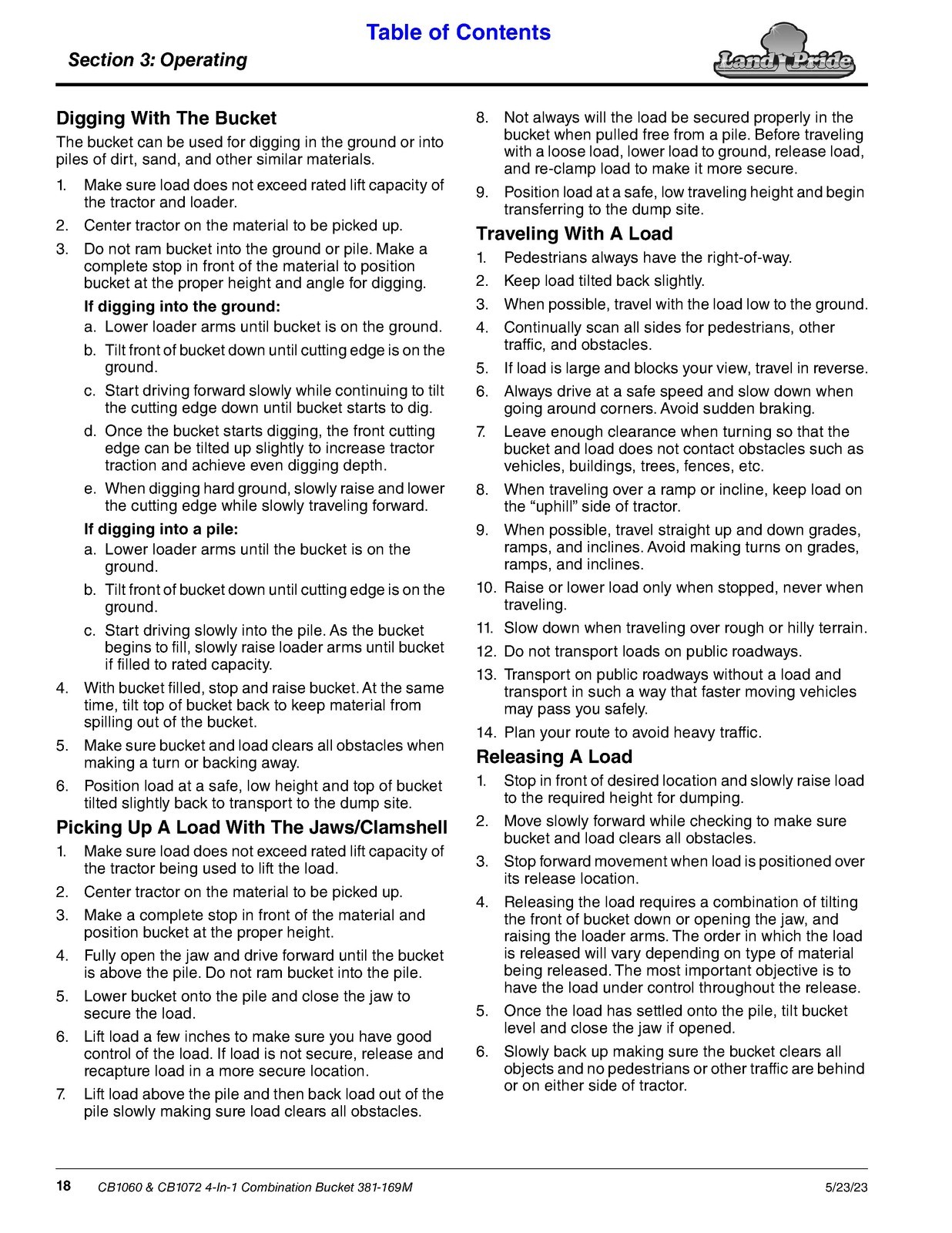 LAND PRIDE CB1060 CB1072 4-In-1 Combination Bucket Operators Manual BINDING