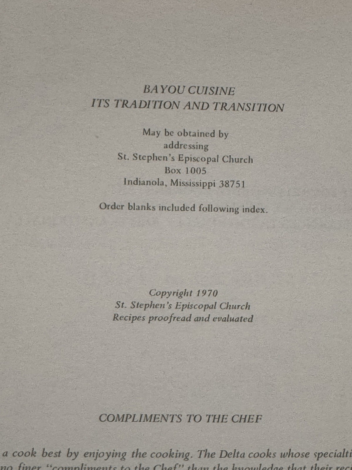 Bayou Cuisine Indianola Mississippi St. Stephens Episcopal Cookbook 1970 1st Ed