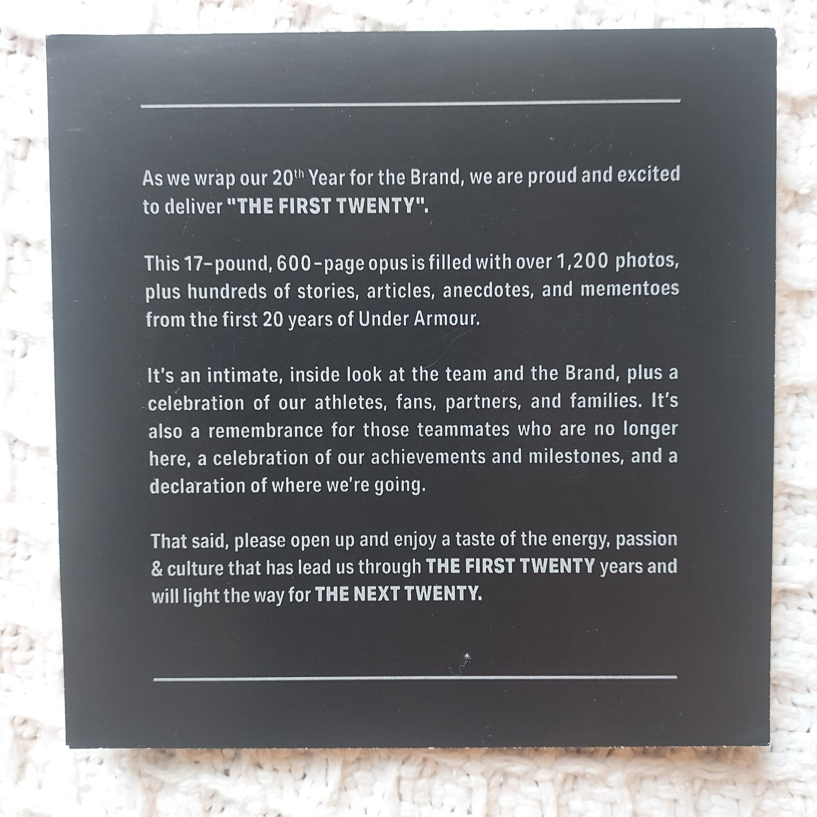 UNDER ARMOUR THE FIRST TWENTY YEARS – MASSIVE COFFEE TABLE BOOK – RARE