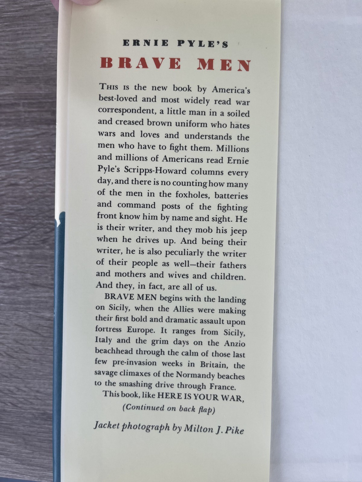 Brave Men, Ernie Pyle, HC/DJ, 1944 Facsimile Edition. War Correspondent View VG