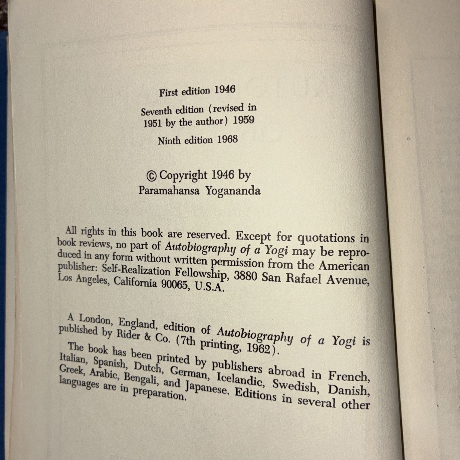 HC Autobiography of a Yogi PARAMHANSA YOGANANDA 9th Edition 1968 Spiritual Yoga