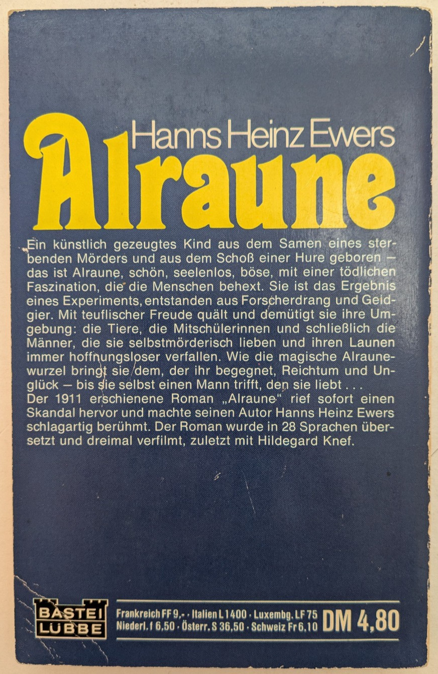 VTG Alraune by Hanns H. Ewers (1973, Bastei-Verlag PB) WEST GERMAN 3404051211