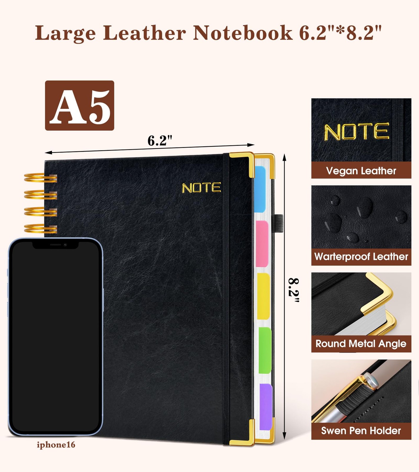 Hardcover Spiral Notebook with Removable Dividers Tabs, 300 pages Leather 5 S…