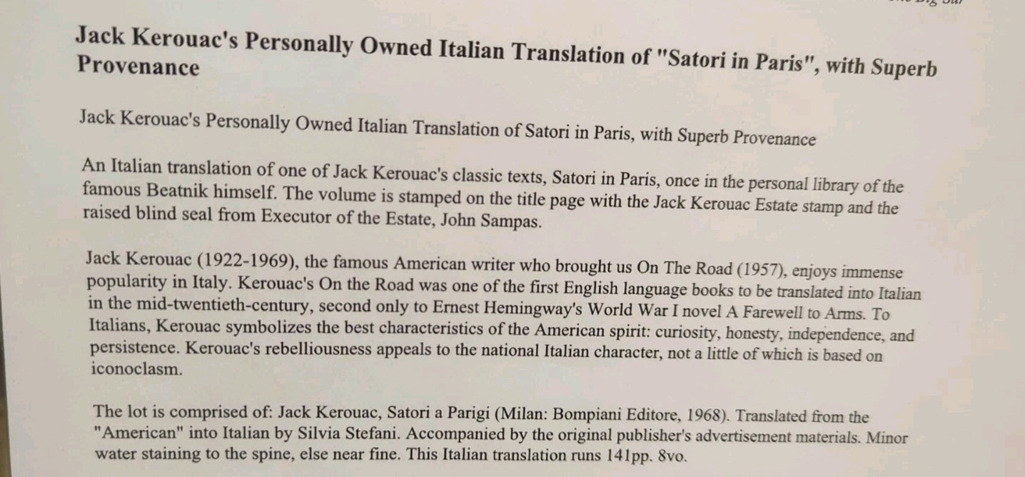 Jack Kerouac Satori In Paris Italian Edition 1968 Kerouac’s Personal Copy w/COA
