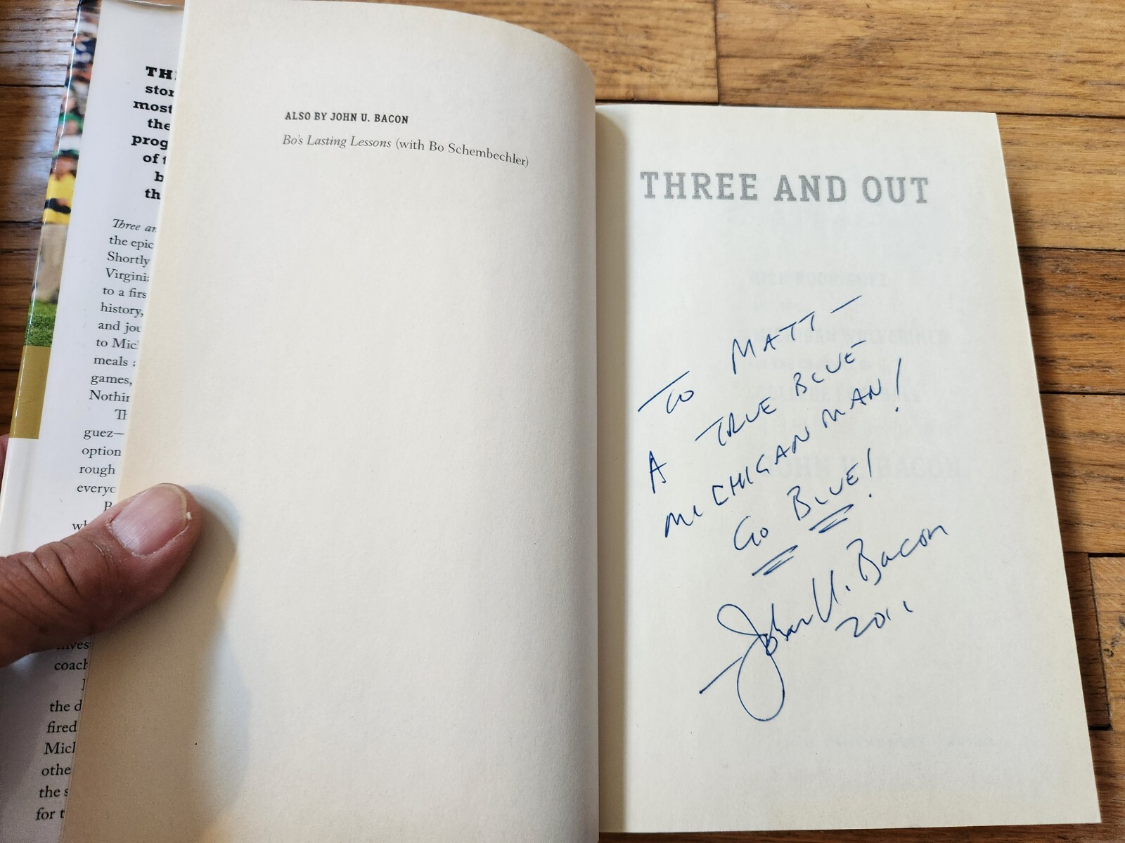 John Bacon SIGNED Three and Out Rich Rodriguez Michigan Wolverines 2011 1st Ed.