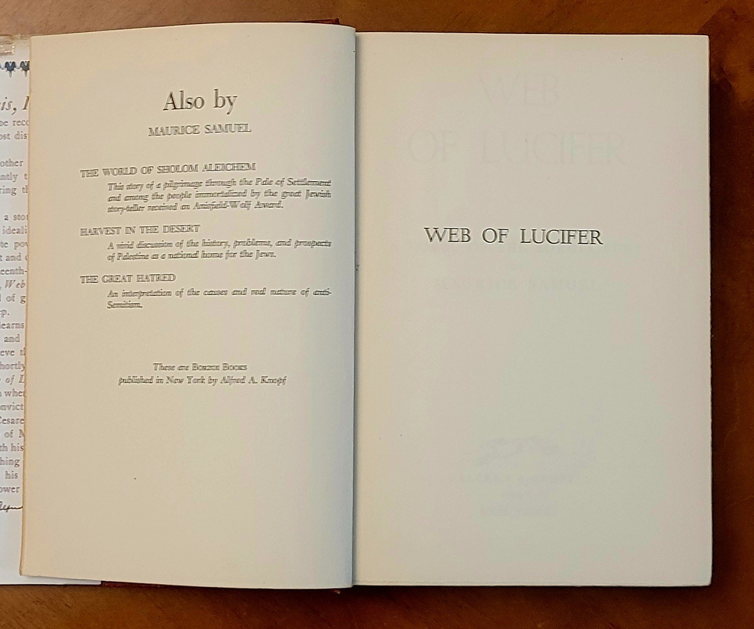 SIGNED Web of Lucifer by Maurice Samuel, 1947, 487 pages.