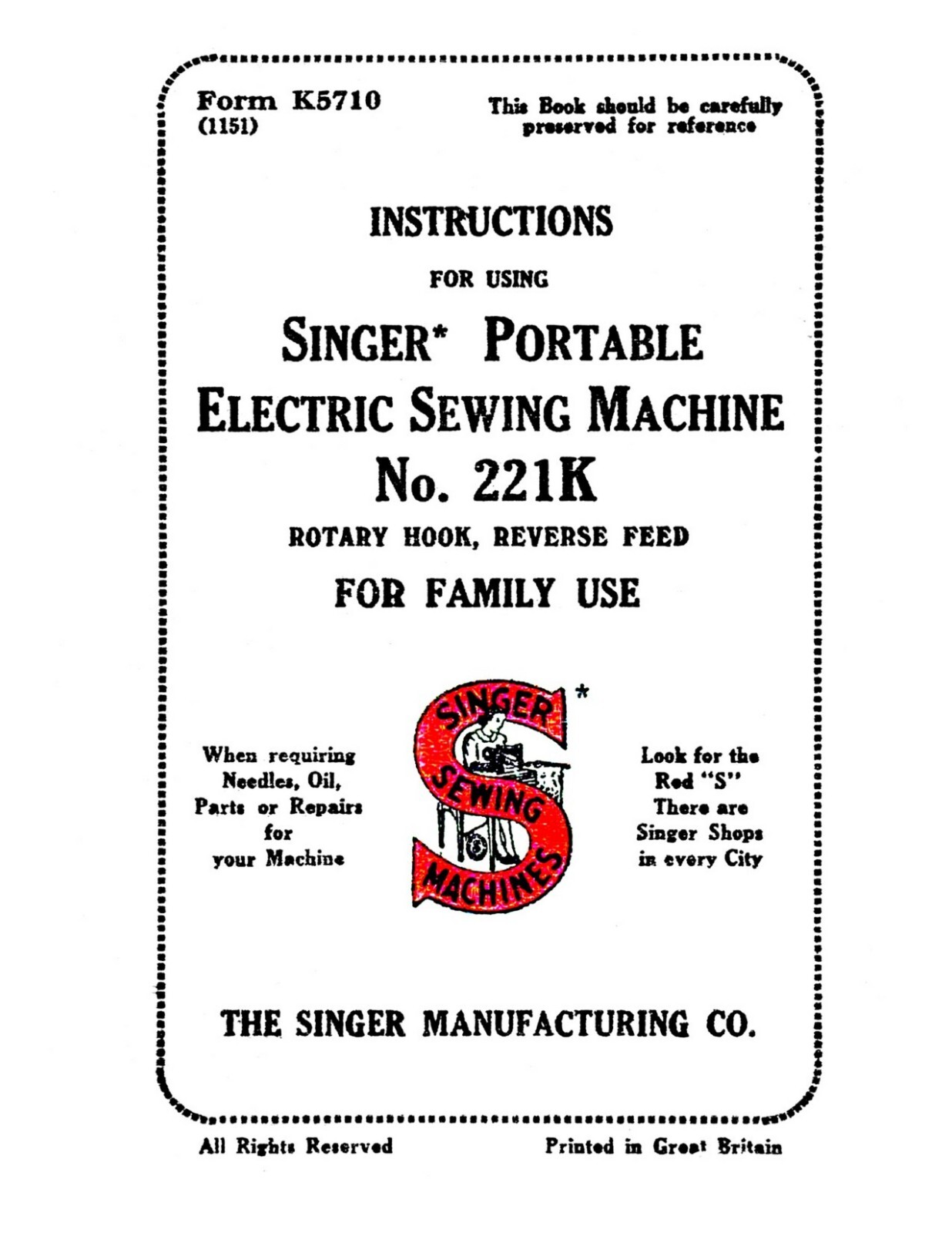 Singer Portable Sewing Machine 221K Instruction Manual „1951“ (55 Page)