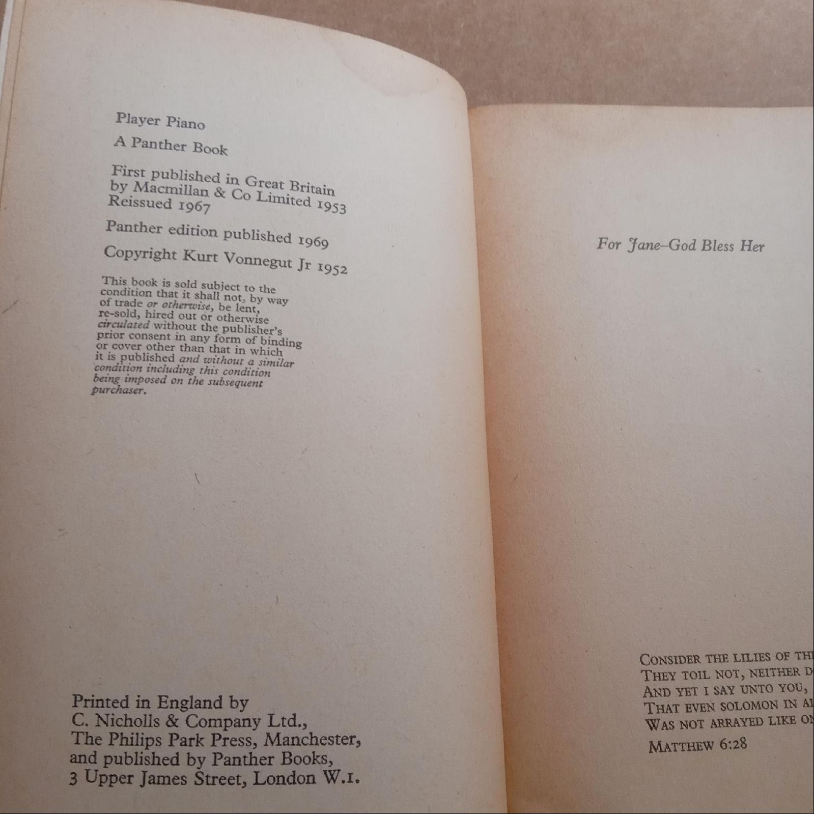 Kurt Vonnegut Jr Player Piano 1969 Panther Book United Kingdom 12mo Paperback VG